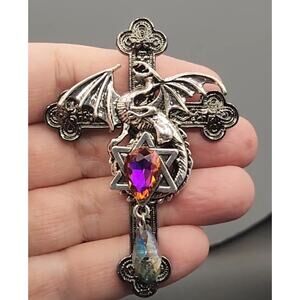 Dragon Cross Brooch Hexagram Star of David Waterdrop Faux Jewel Dark Grey